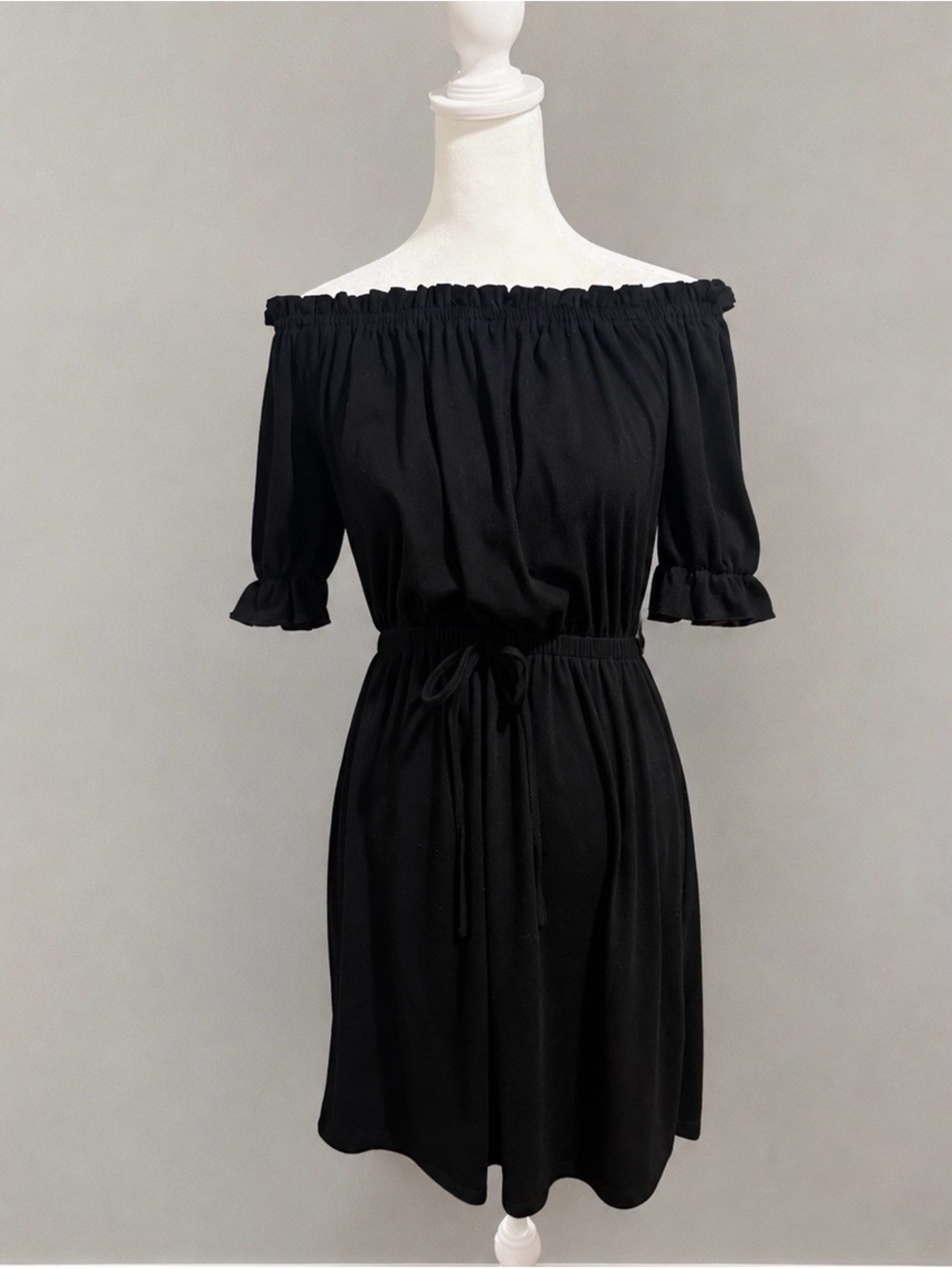 Chic Style Black Off Shoulder Dress Small Puff Sleeve Tie Waist Cottagecore